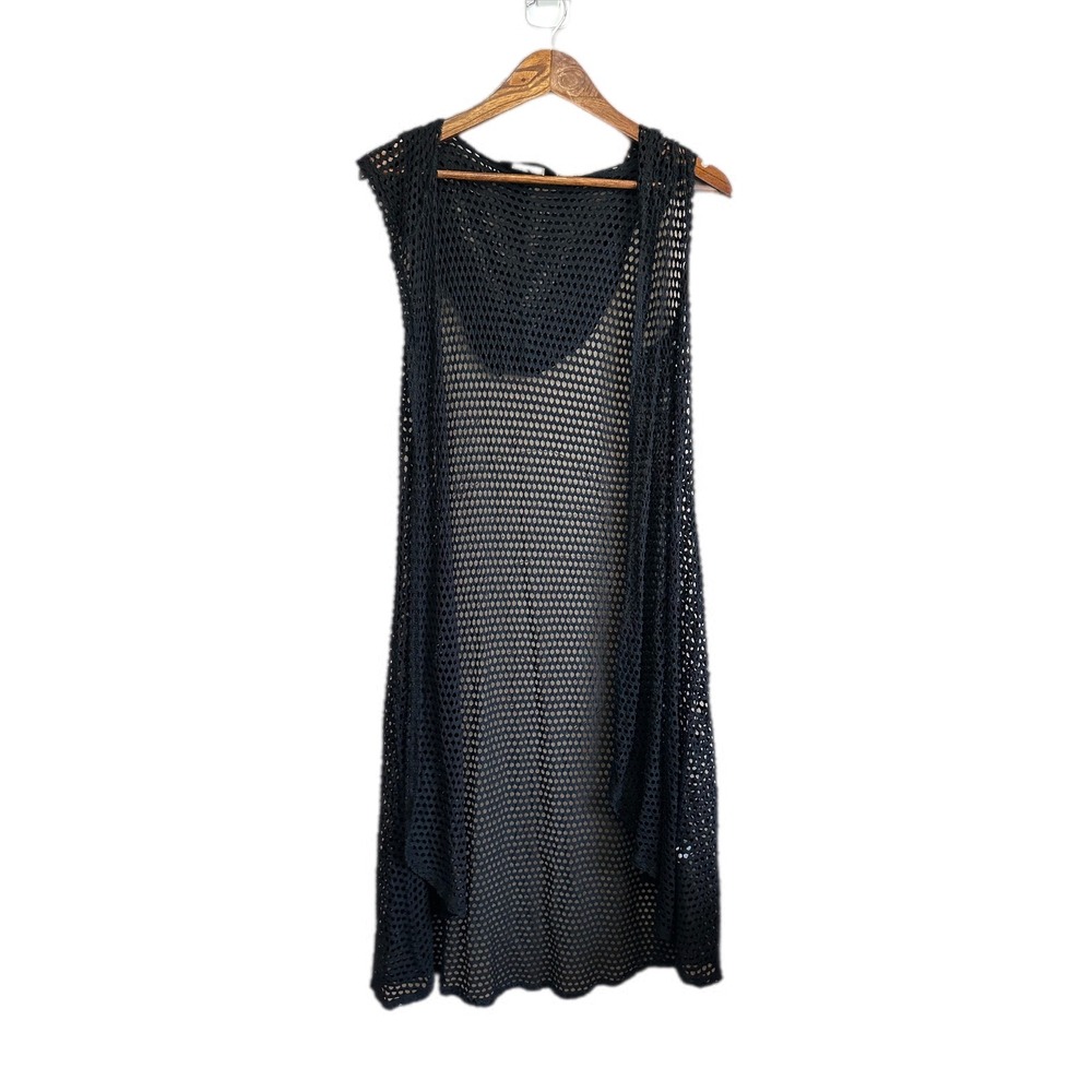 Black Fishnet Crochet Long Duster Vest Cardigan